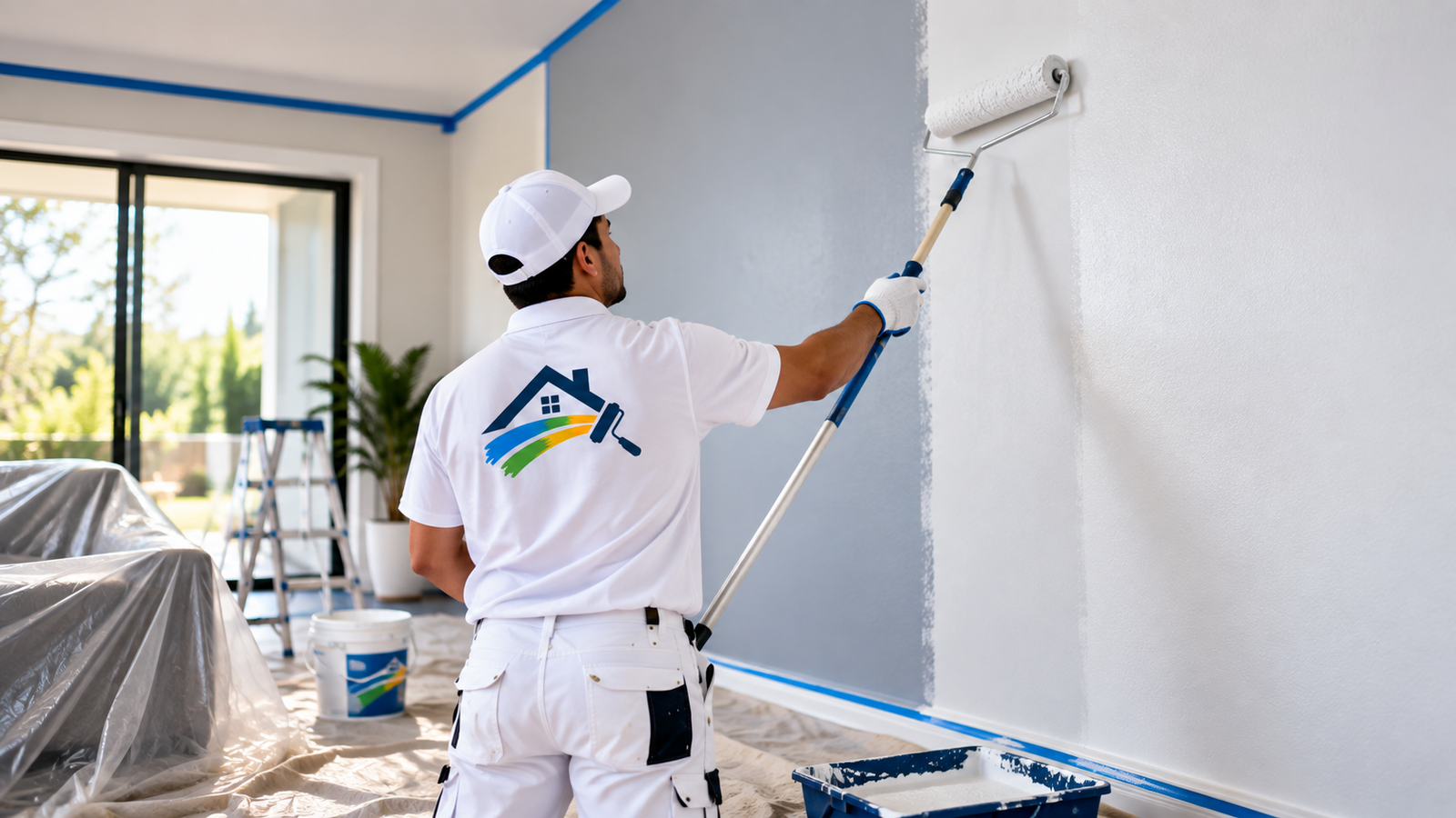 Imagen ilustrativa de un pintor aplicando pintura en una sala